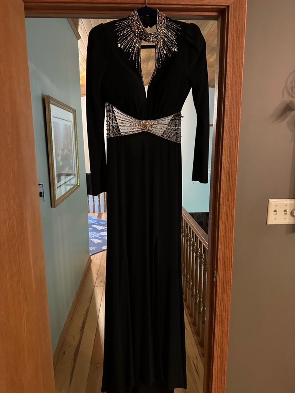 Tony Bowls Black Long-Sleeve Beaded Evening Gown
